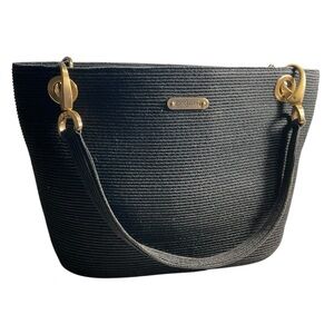 Eric Javits Black Woven Designer Squishee Tote Bag with gold colored hardware.